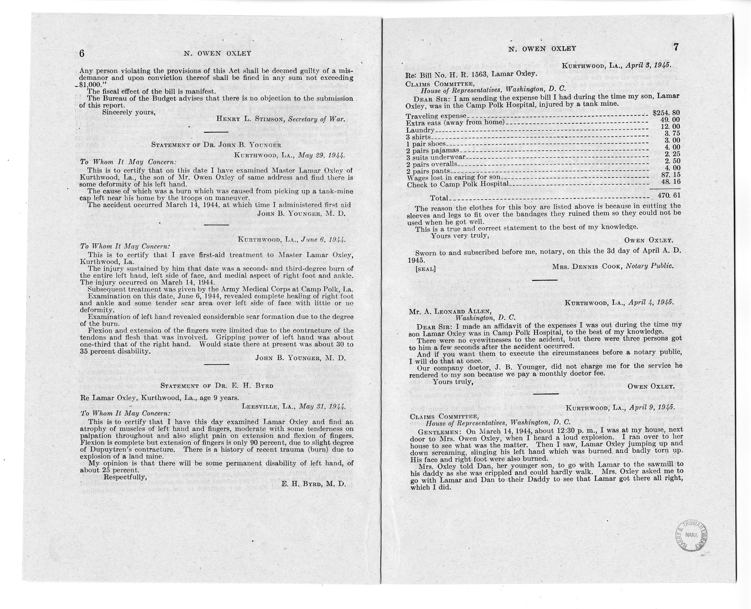 Memorandum from Harold D. Smith to M. C. Latta, H.R. 1563, For the Relief of N. Owen Oxley and the Legal Guardian of Lamar Oxley, a Minor, with Attachments