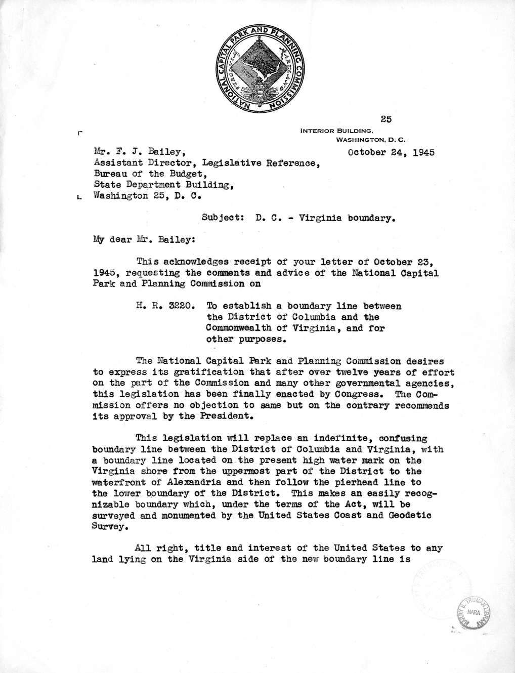 Memorandum from Harold D. Smith to M. C. Latta, H.R. 3220, To Establish a Boundary Line Between the District of Columbia and the Commonwealth of Virginia, with Attachments