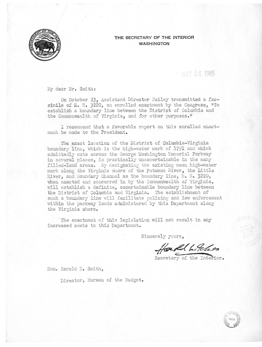 Memorandum from Harold D. Smith to M. C. Latta, H.R. 3220, To Establish a Boundary Line Between the District of Columbia and the Commonwealth of Virginia, with Attachments