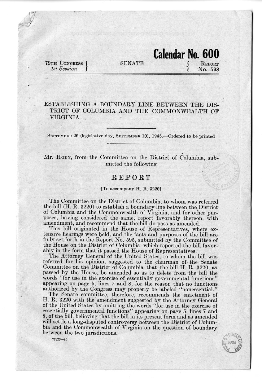 Memorandum from Harold D. Smith to M. C. Latta, H.R. 3220, To Establish a Boundary Line Between the District of Columbia and the Commonwealth of Virginia, with Attachments