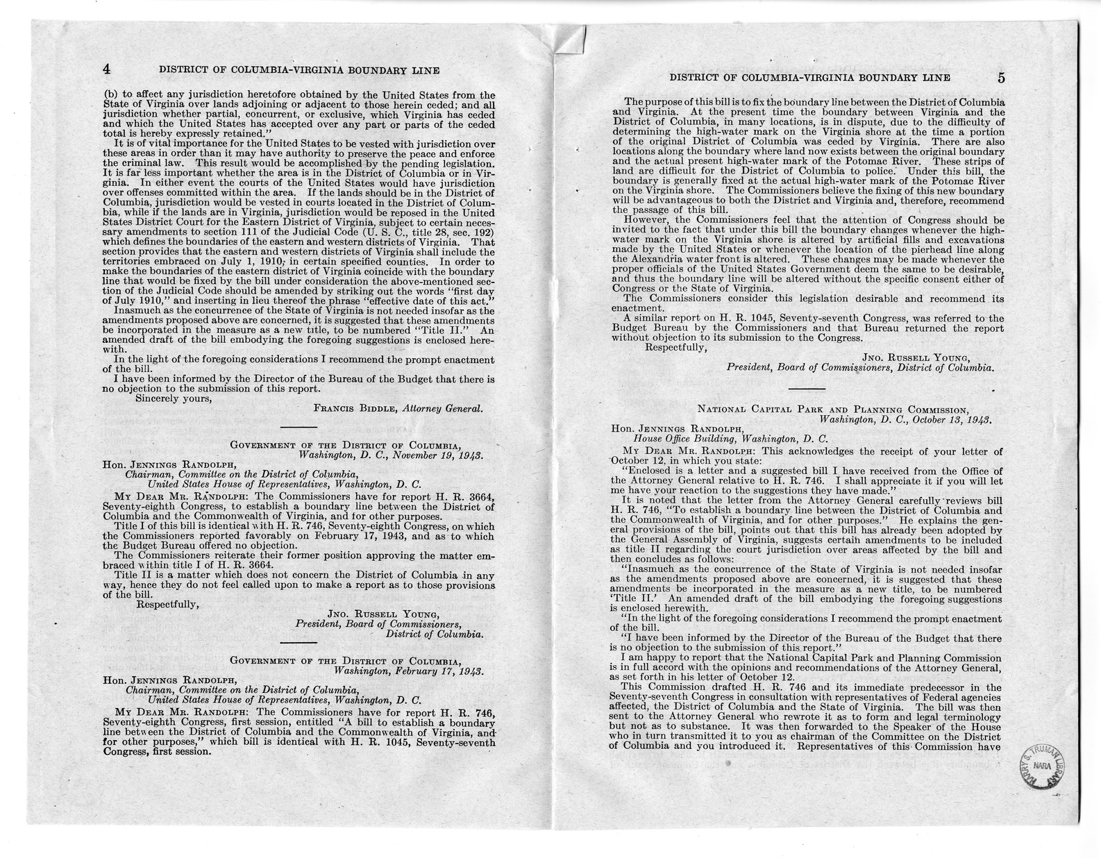 Memorandum from Harold D. Smith to M. C. Latta, H.R. 3220, To Establish a Boundary Line Between the District of Columbia and the Commonwealth of Virginia, with Attachments