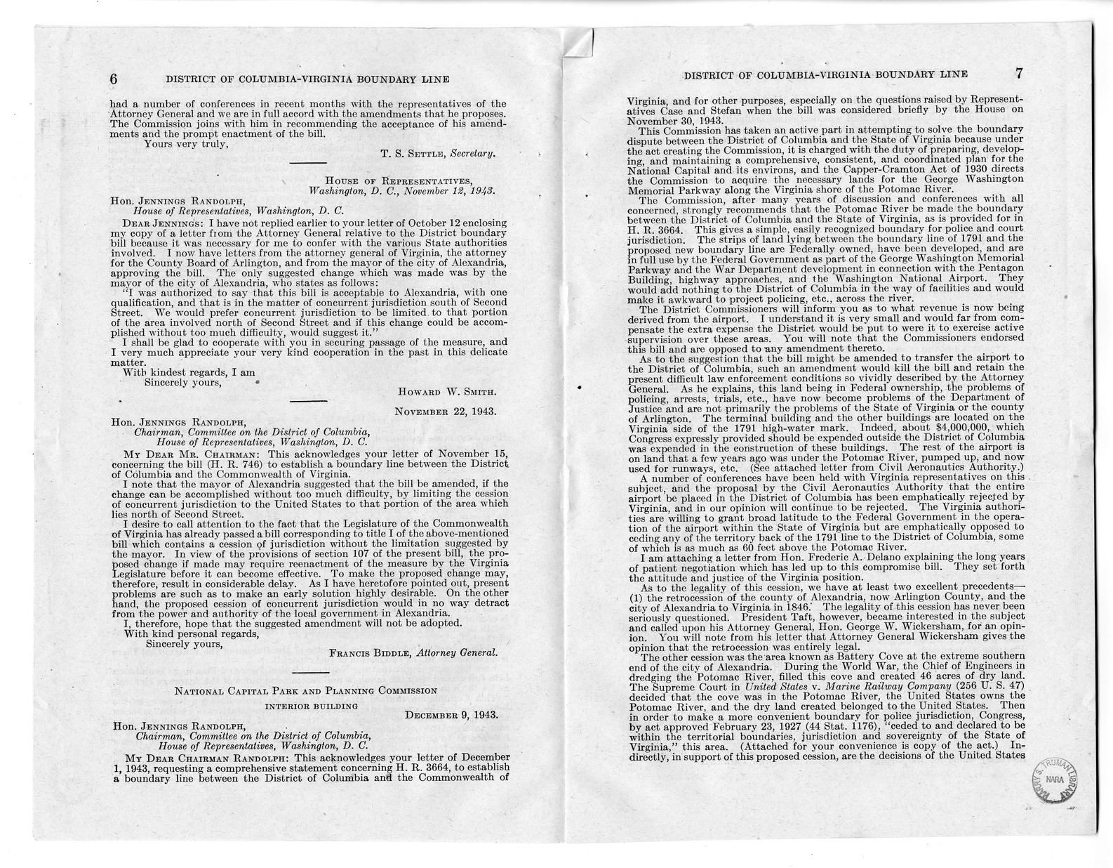 Memorandum from Harold D. Smith to M. C. Latta, H.R. 3220, To Establish a Boundary Line Between the District of Columbia and the Commonwealth of Virginia, with Attachments