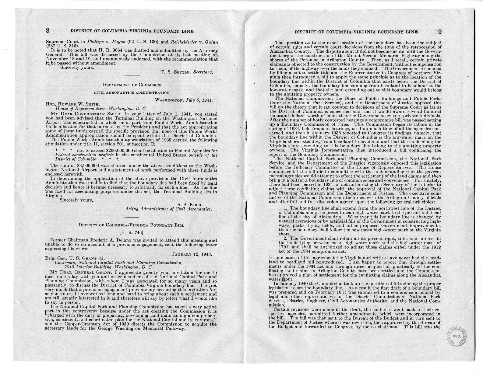Memorandum from Harold D. Smith to M. C. Latta, H.R. 3220, To Establish a Boundary Line Between the District of Columbia and the Commonwealth of Virginia, with Attachments