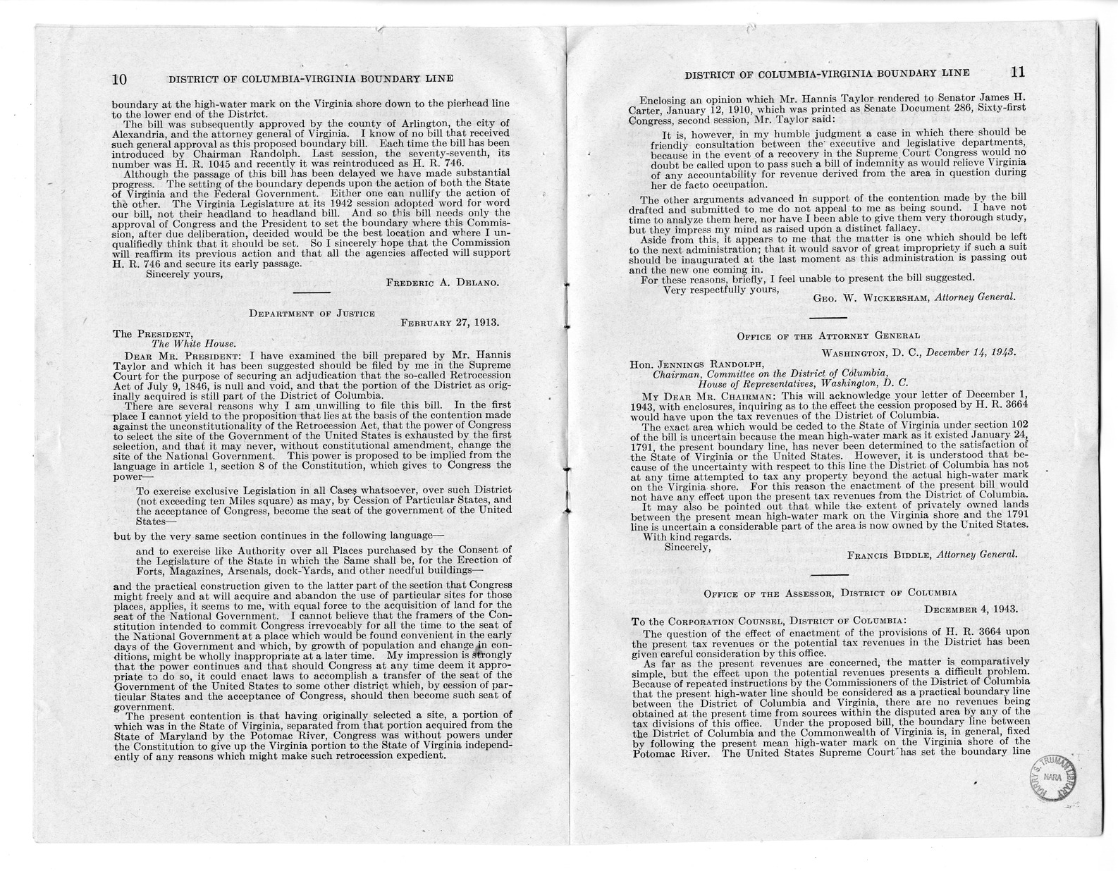 Memorandum from Harold D. Smith to M. C. Latta, H.R. 3220, To Establish a Boundary Line Between the District of Columbia and the Commonwealth of Virginia, with Attachments