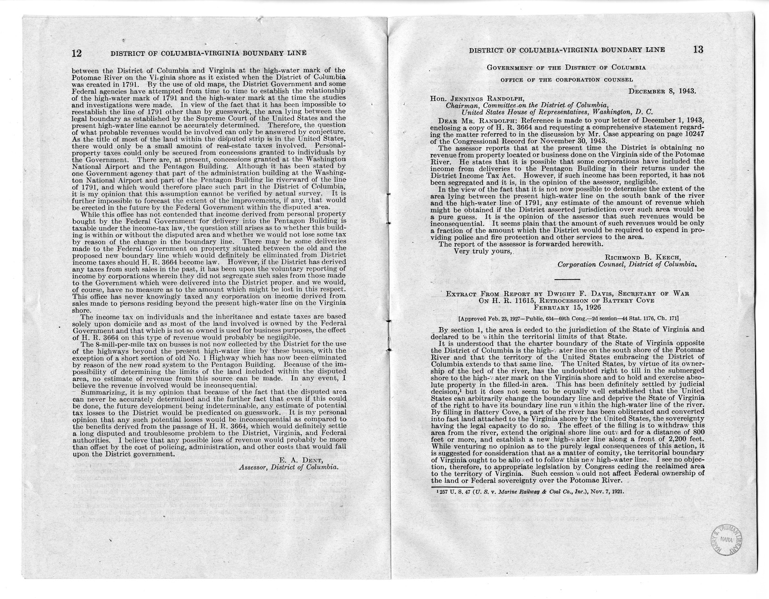 Memorandum from Harold D. Smith to M. C. Latta, H.R. 3220, To Establish a Boundary Line Between the District of Columbia and the Commonwealth of Virginia, with Attachments