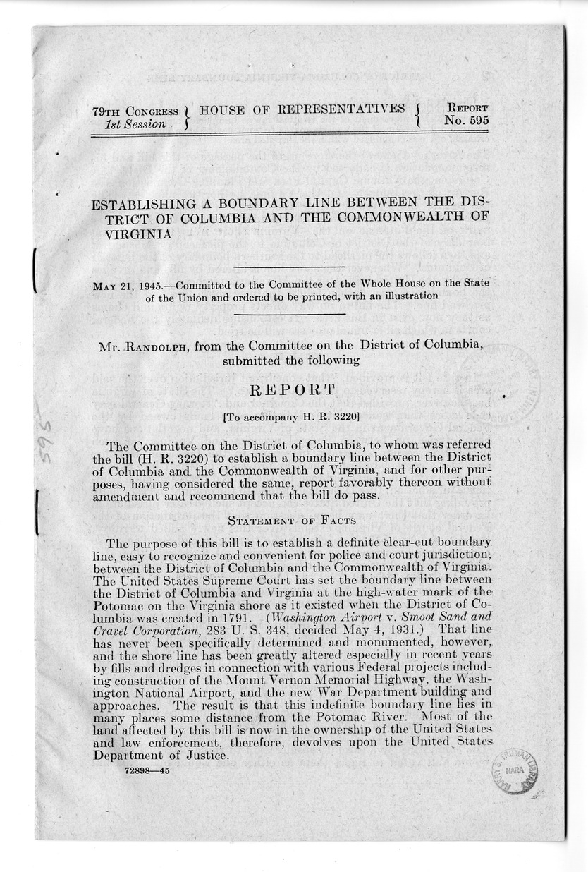 Memorandum from Harold D. Smith to M. C. Latta, H.R. 3220, To Establish a Boundary Line Between the District of Columbia and the Commonwealth of Virginia, with Attachments