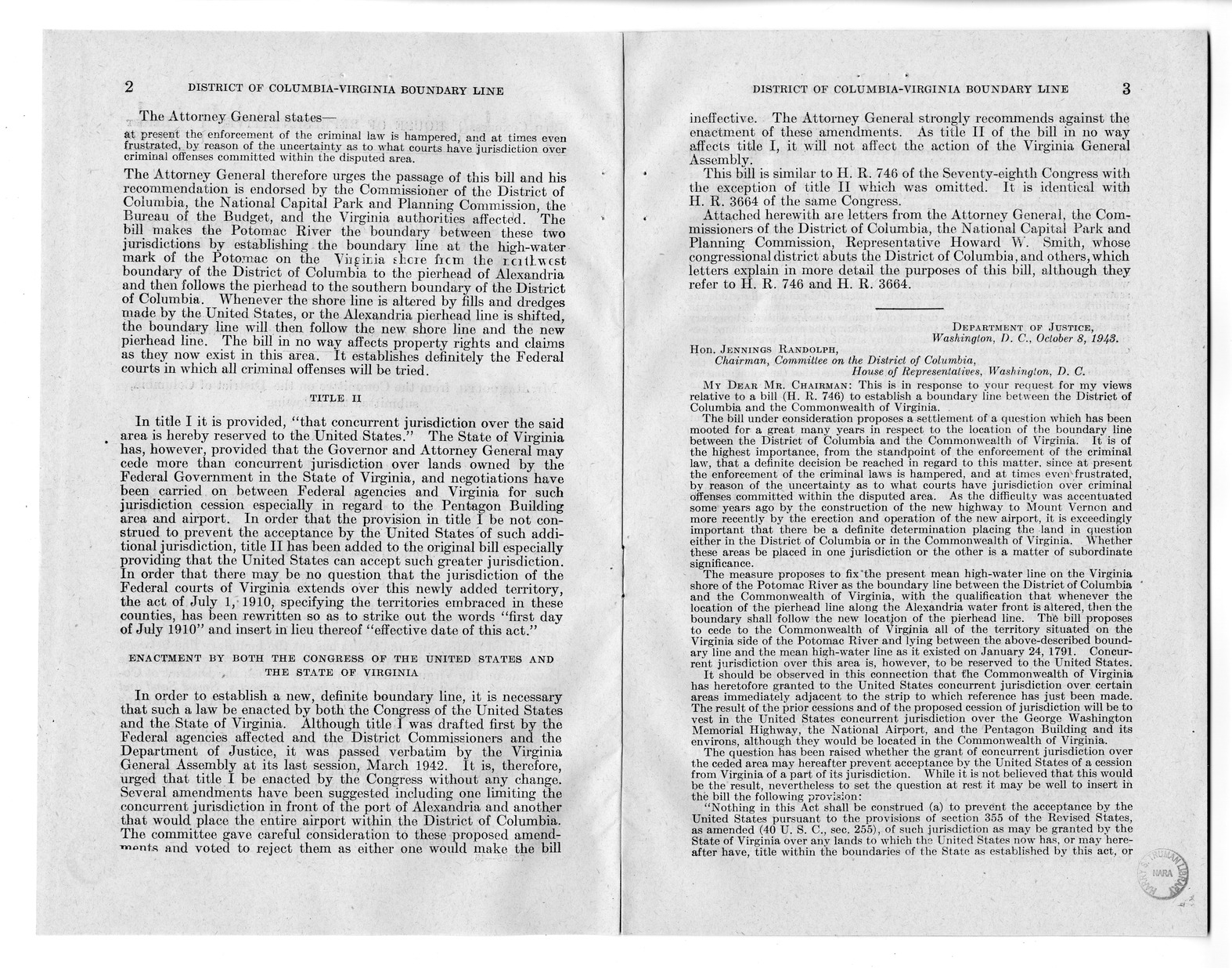 Memorandum from Harold D. Smith to M. C. Latta, H.R. 3220, To Establish a Boundary Line Between the District of Columbia and the Commonwealth of Virginia, with Attachments