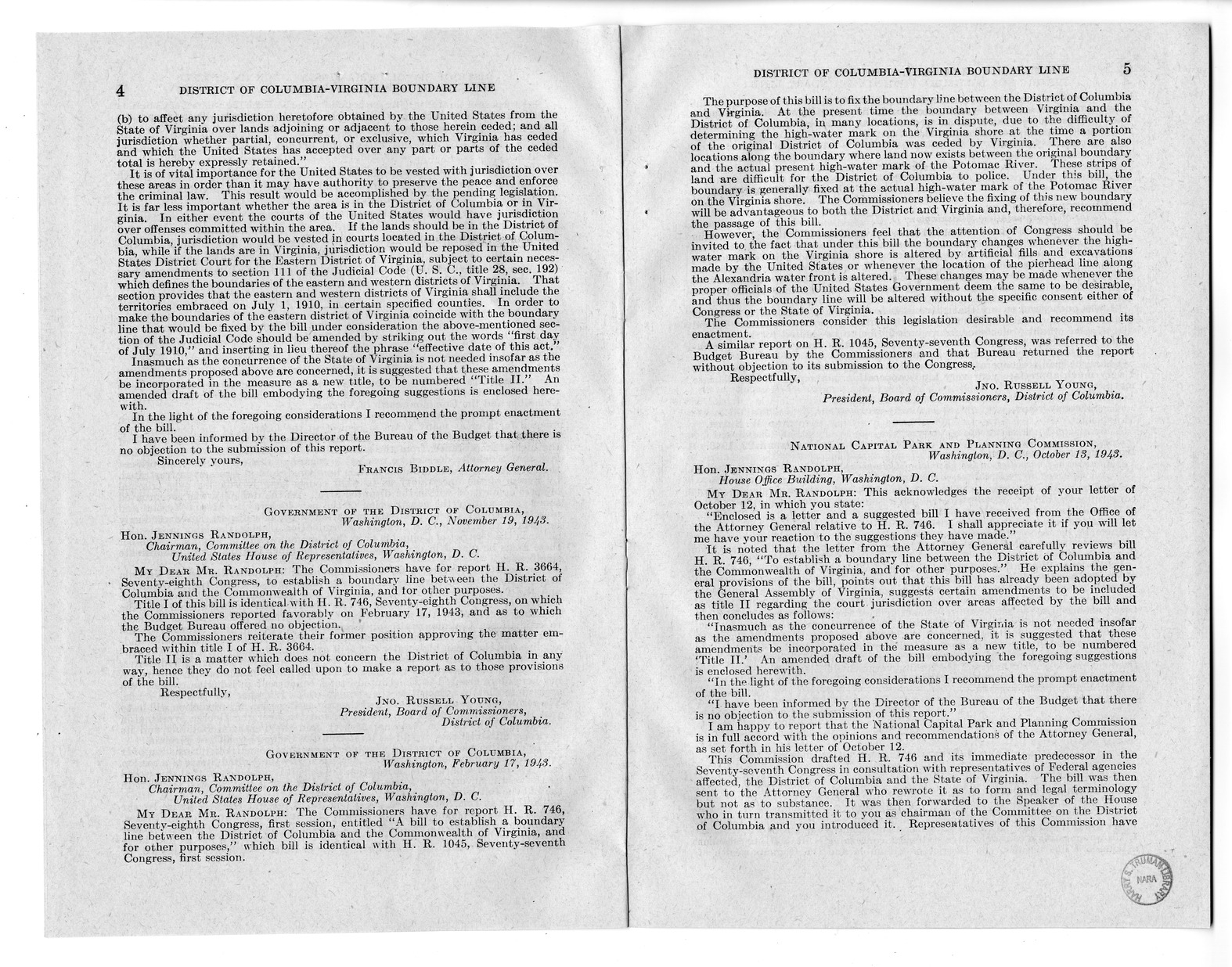 Memorandum from Harold D. Smith to M. C. Latta, H.R. 3220, To Establish a Boundary Line Between the District of Columbia and the Commonwealth of Virginia, with Attachments