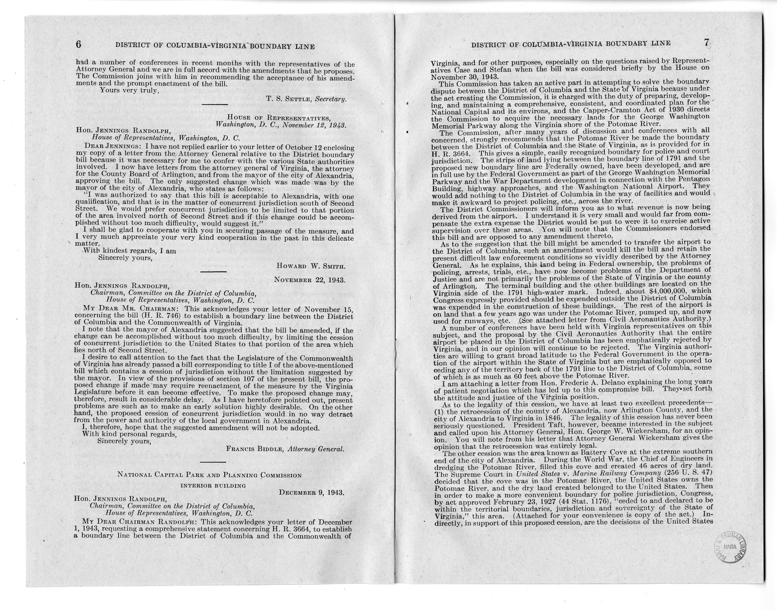 Memorandum from Harold D. Smith to M. C. Latta, H.R. 3220, To Establish a Boundary Line Between the District of Columbia and the Commonwealth of Virginia, with Attachments