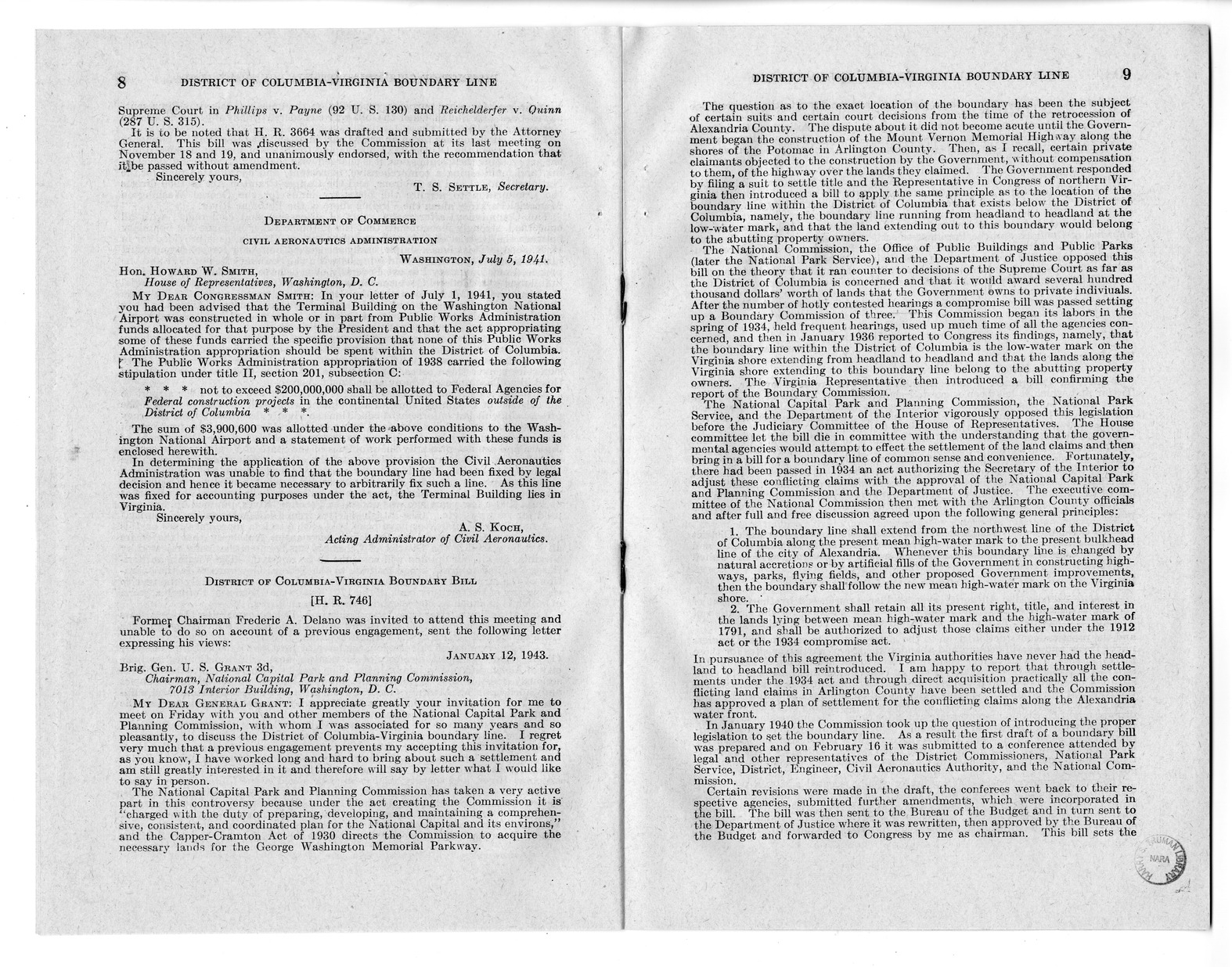 Memorandum from Harold D. Smith to M. C. Latta, H.R. 3220, To Establish a Boundary Line Between the District of Columbia and the Commonwealth of Virginia, with Attachments