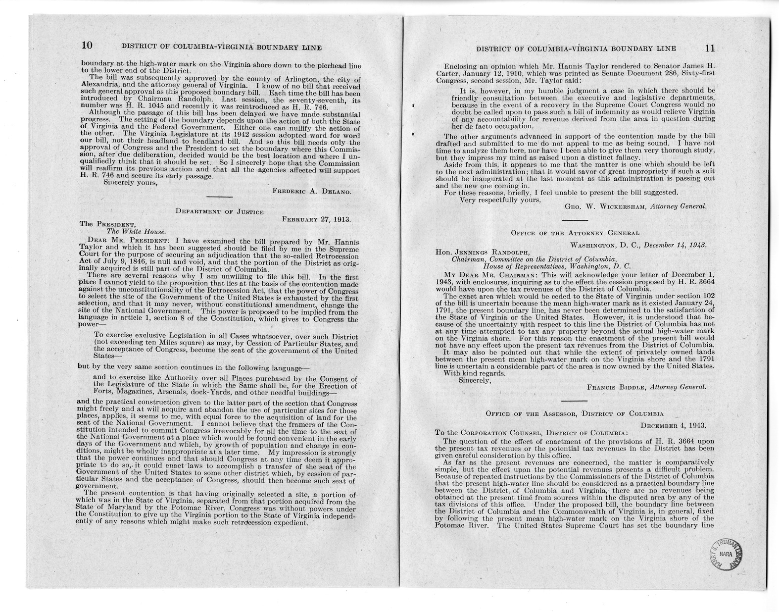 Memorandum from Harold D. Smith to M. C. Latta, H.R. 3220, To Establish a Boundary Line Between the District of Columbia and the Commonwealth of Virginia, with Attachments