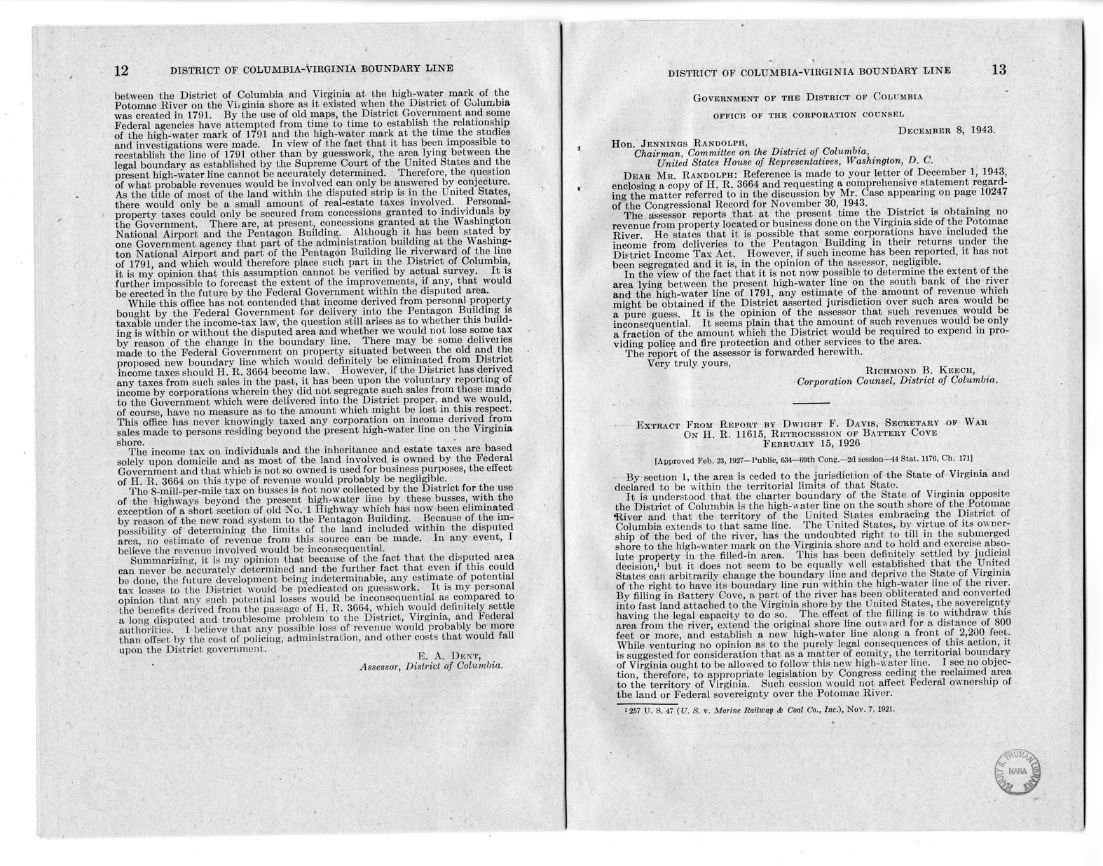 Memorandum from Harold D. Smith to M. C. Latta, H.R. 3220, To Establish a Boundary Line Between the District of Columbia and the Commonwealth of Virginia, with Attachments