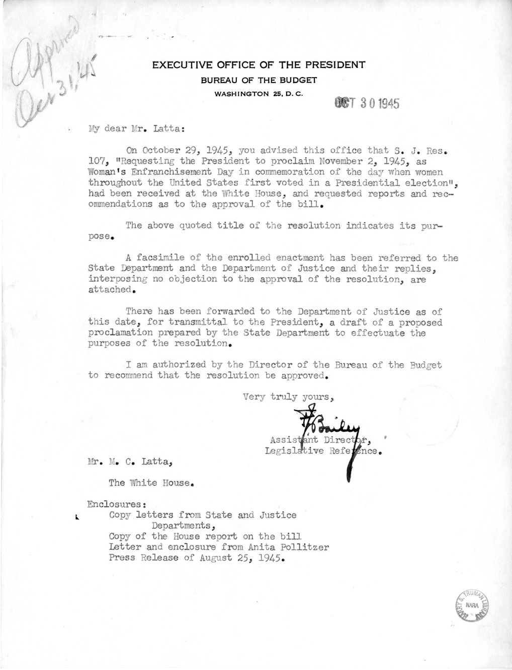 Memorandum from Frederick J. Bailey to M. C. Latta, S.J. Res. 107, Requesting the President to Proclaim November 22, 1945, as Woman's Enfranchisement Day, with Attachments