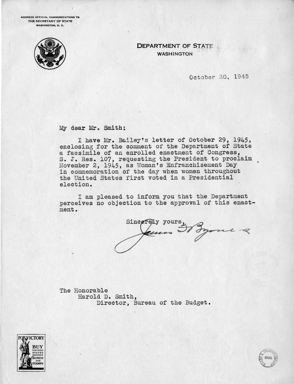 Memorandum from Frederick J. Bailey to M. C. Latta, S.J. Res. 107, Requesting the President to Proclaim November 22, 1945, as Woman's Enfranchisement Day, with Attachments