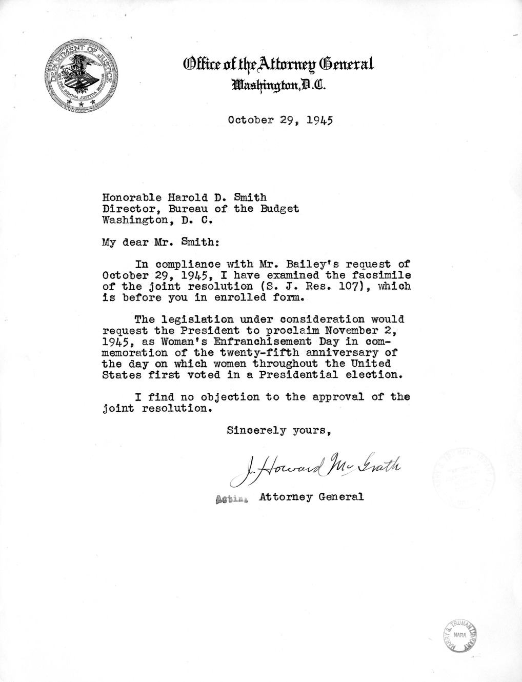 Memorandum from Frederick J. Bailey to M. C. Latta, S.J. Res. 107, Requesting the President to Proclaim November 22, 1945, as Woman's Enfranchisement Day, with Attachments