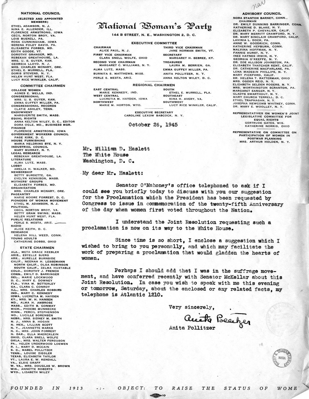 Memorandum from Frederick J. Bailey to M. C. Latta, S.J. Res. 107, Requesting the President to Proclaim November 22, 1945, as Woman's Enfranchisement Day, with Attachments
