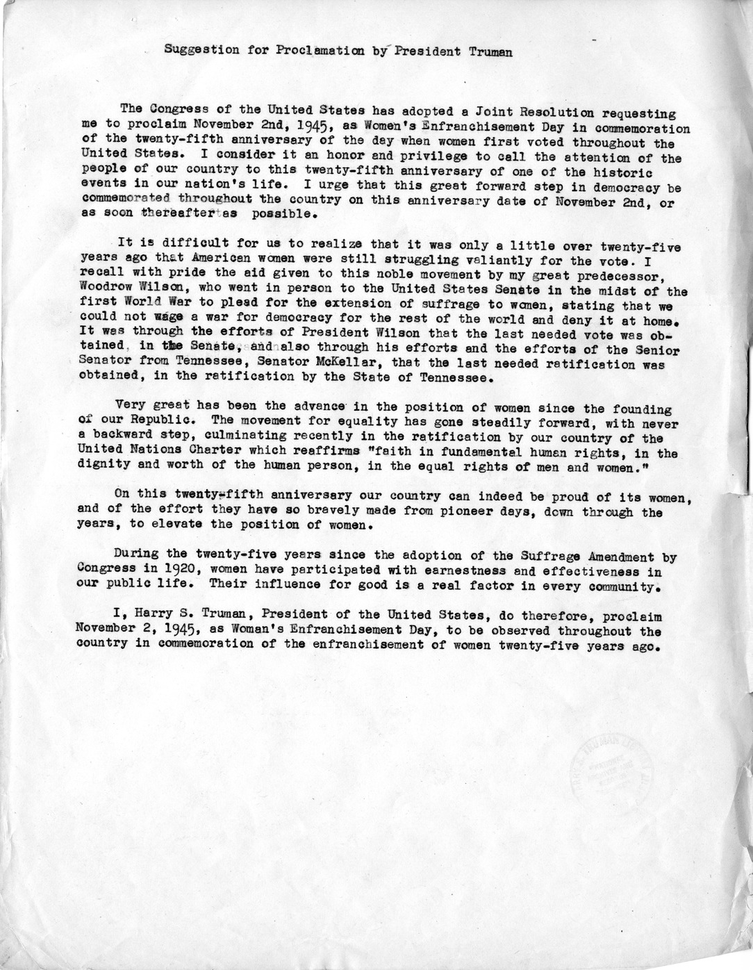 Memorandum from Frederick J. Bailey to M. C. Latta, S.J. Res. 107, Requesting the President to Proclaim November 22, 1945, as Woman's Enfranchisement Day, with Attachments