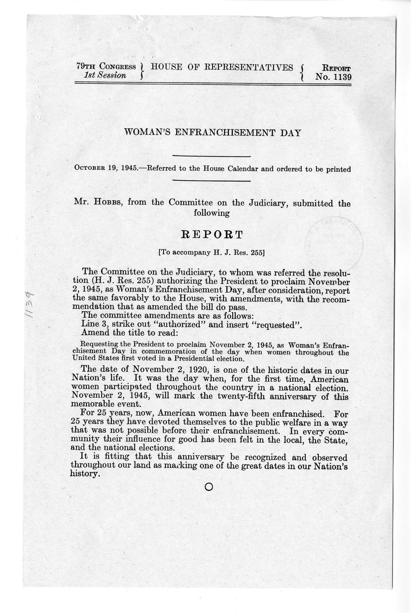 Memorandum from Frederick J. Bailey to M. C. Latta, S.J. Res. 107, Requesting the President to Proclaim November 22, 1945, as Woman's Enfranchisement Day, with Attachments