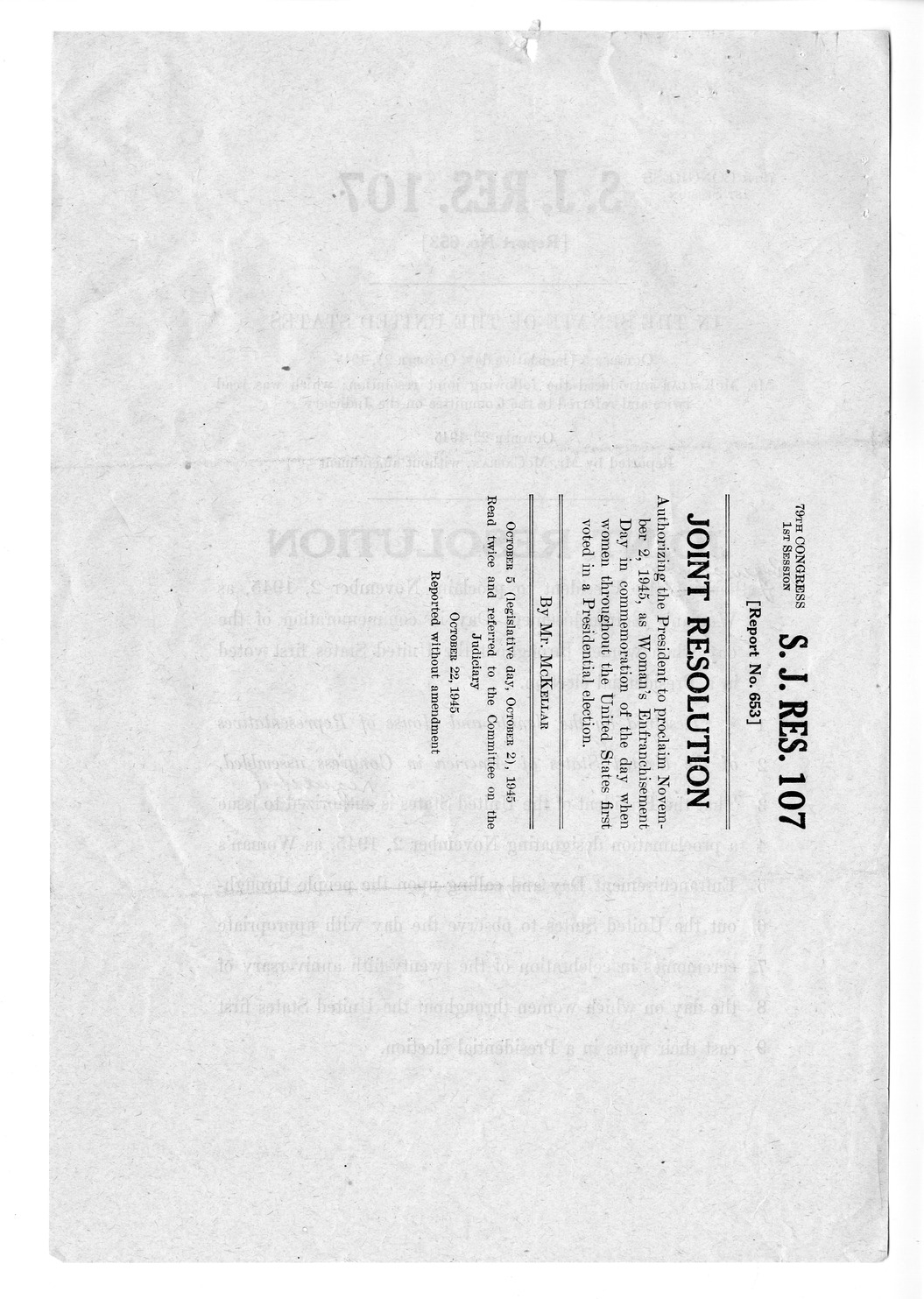 Memorandum from Frederick J. Bailey to M. C. Latta, S.J. Res. 107, Requesting the President to Proclaim November 22, 1945, as Woman's Enfranchisement Day, with Attachments