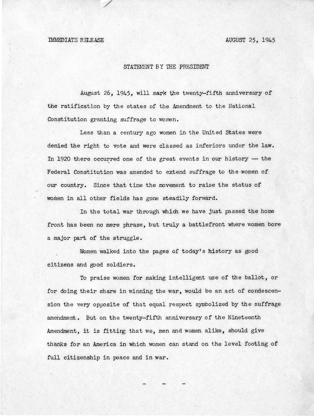 Memorandum from Frederick J. Bailey to M. C. Latta, S.J. Res. 107, Requesting the President to Proclaim November 22, 1945, as Woman's Enfranchisement Day, with Attachments