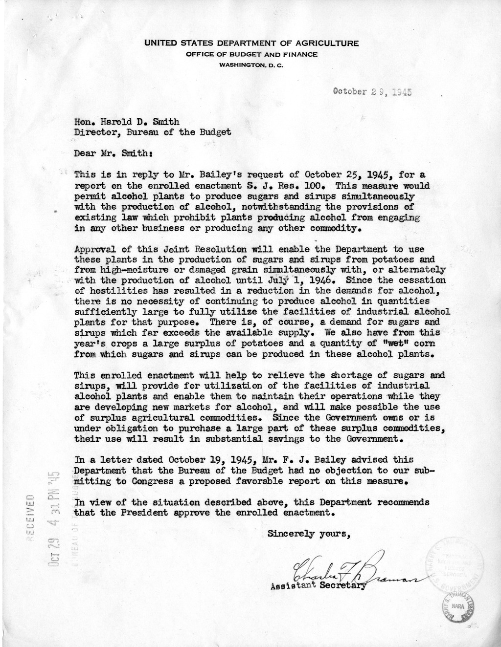 Memorandum from Paul H. Appleby to M. C. Latta, S.J. Res. 100, Permitting Alcohol Plants to Produce Sugars or Sirups Simultaneously With the Production of Alcohol Until July 1, 1946, with Attachments