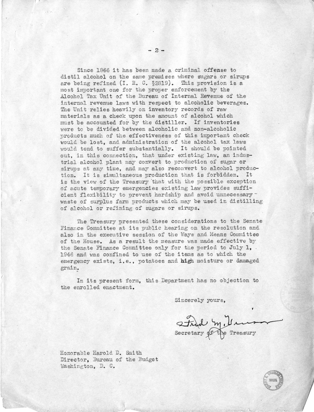 Memorandum from Paul H. Appleby to M. C. Latta, S.J. Res. 100, Permitting Alcohol Plants to Produce Sugars or Sirups Simultaneously With the Production of Alcohol Until July 1, 1946, with Attachments