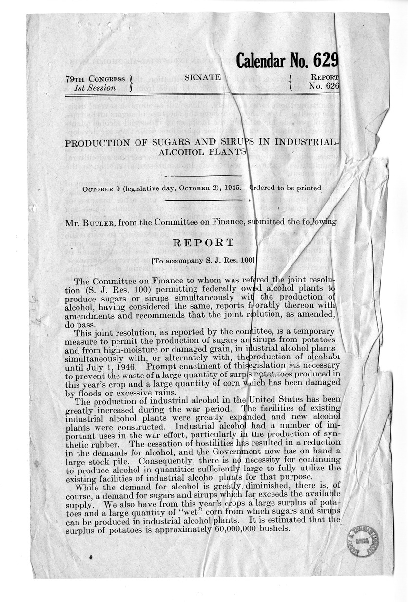 Memorandum from Paul H. Appleby to M. C. Latta, S.J. Res. 100, Permitting Alcohol Plants to Produce Sugars or Sirups Simultaneously With the Production of Alcohol Until July 1, 1946, with Attachments