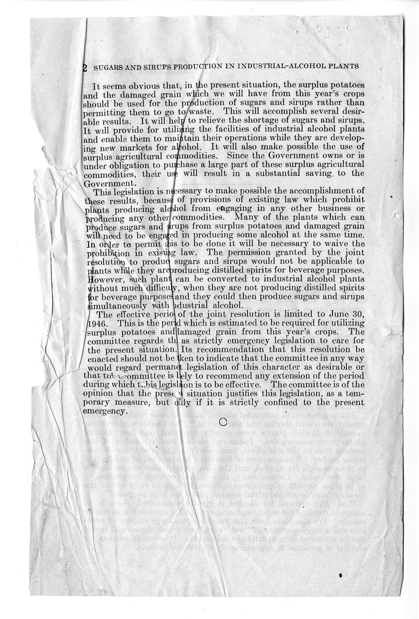 Memorandum from Paul H. Appleby to M. C. Latta, S.J. Res. 100, Permitting Alcohol Plants to Produce Sugars or Sirups Simultaneously With the Production of Alcohol Until July 1, 1946, with Attachments