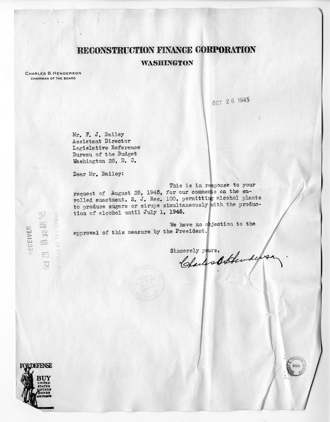 Memorandum from Paul H. Appleby to M. C. Latta, S.J. Res. 100, Permitting Alcohol Plants to Produce Sugars or Sirups Simultaneously With the Production of Alcohol Until July 1, 1946, with Attachments