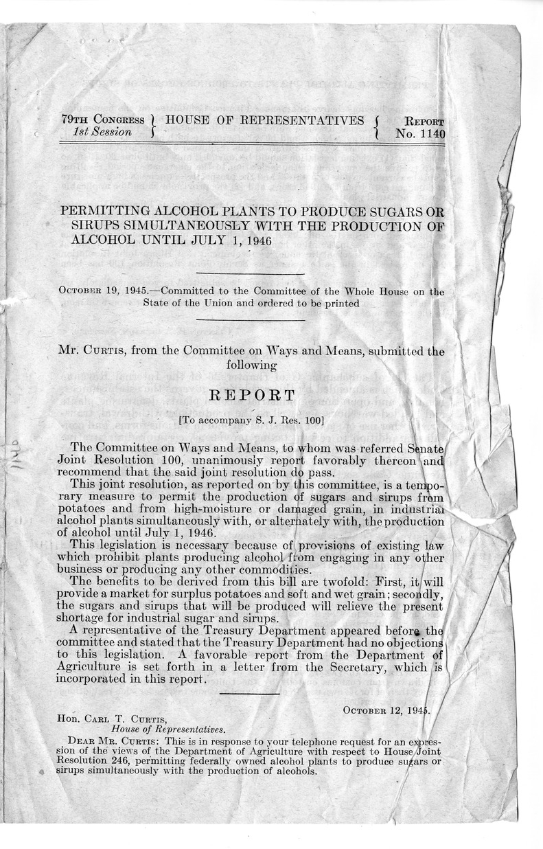 Memorandum from Paul H. Appleby to M. C. Latta, S.J. Res. 100, Permitting Alcohol Plants to Produce Sugars or Sirups Simultaneously With the Production of Alcohol Until July 1, 1946, with Attachments