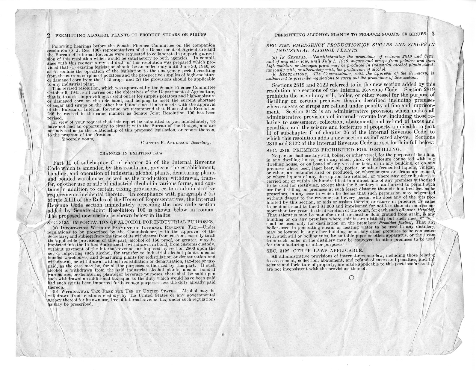 Memorandum from Paul H. Appleby to M. C. Latta, S.J. Res. 100, Permitting Alcohol Plants to Produce Sugars or Sirups Simultaneously With the Production of Alcohol Until July 1, 1946, with Attachments