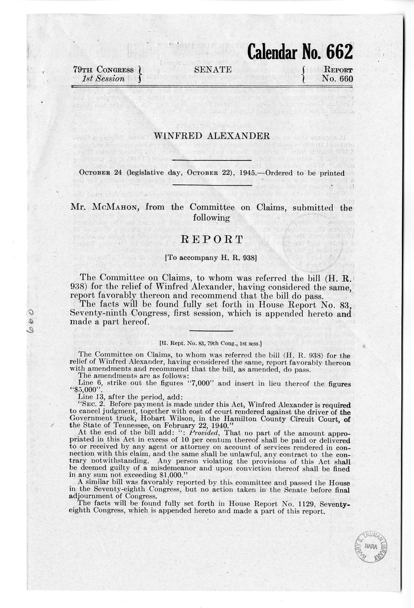 Memorandum from Frederick J. Bailey to M. C. Latta, H.R. 938, For the Relief of Winfred Alexander, with Attachments