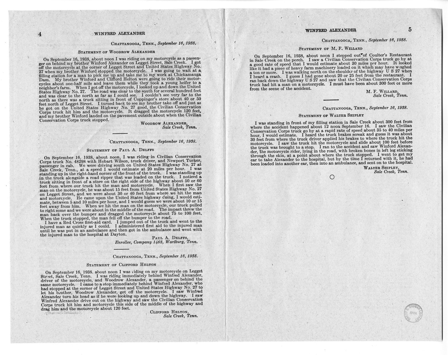 Memorandum from Frederick J. Bailey to M. C. Latta, H.R. 938, For the Relief of Winfred Alexander, with Attachments