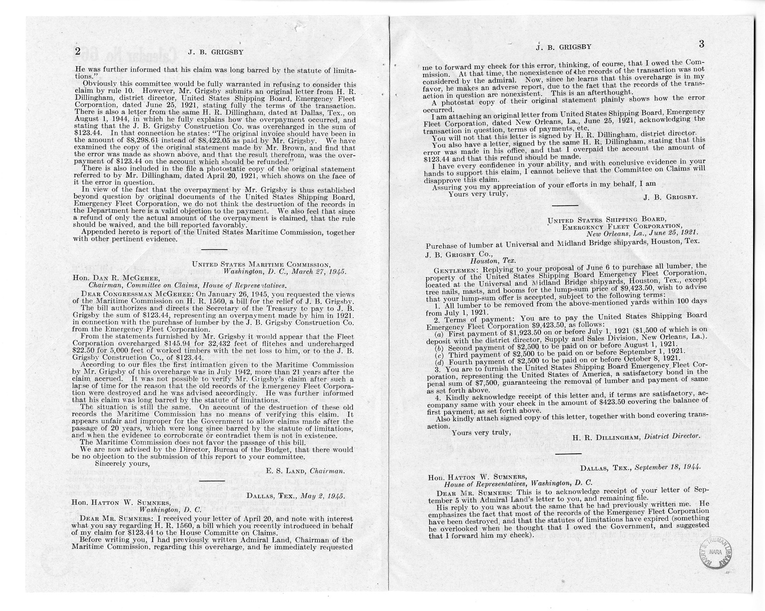 Memorandum from Frederick J. Bailey to M. C. Latta, H.R. 1560, For the Relief of J.B. Grigsby, with Attachments