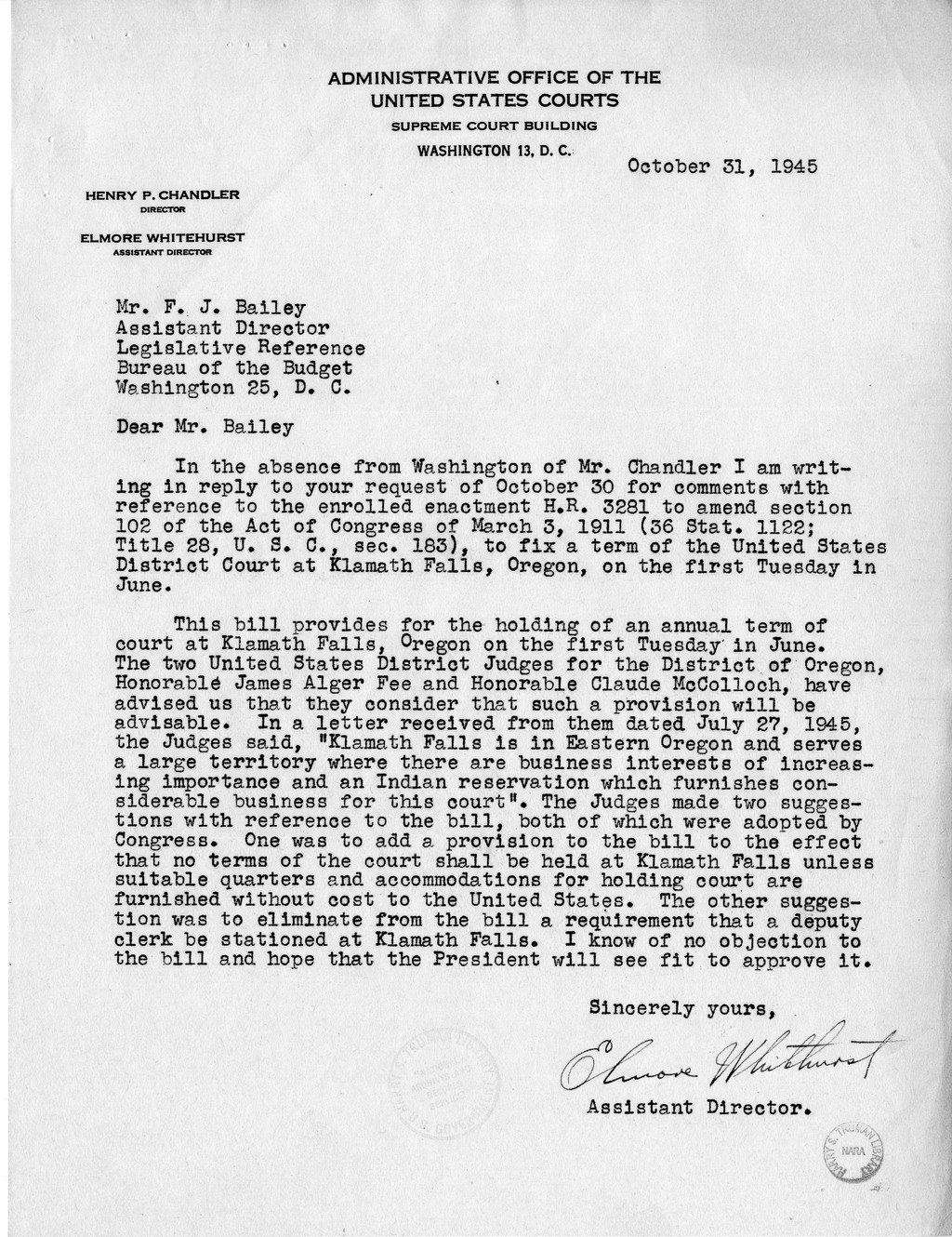 Memorandum from Frederick J. Bailey to M. C. Latta, H.R. 3281, To Amend Section 102 of the Act of Congress of March 3, 1911 (36 Stat. 1122; Title 28, U.S.C., Sec. 183), to Fix a Term of the United States District Court at Klamath Falls, Oregon, with Attachments