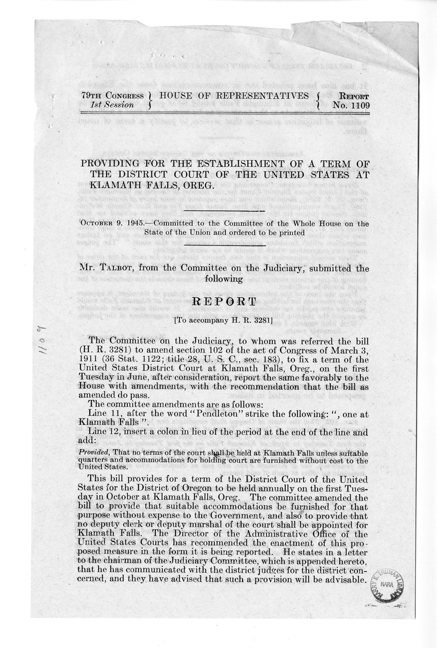 Memorandum from Frederick J. Bailey to M. C. Latta, H.R. 3281, To Amend Section 102 of the Act of Congress of March 3, 1911 (36 Stat. 1122; Title 28, U.S.C., Sec. 183), to Fix a Term of the United States District Court at Klamath Falls, Oregon, with Attachments