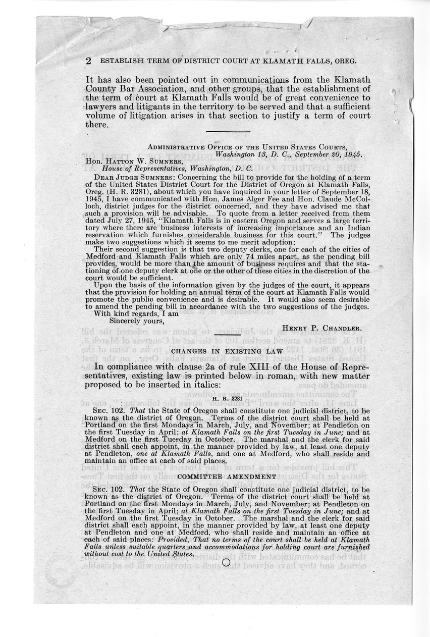 Memorandum from Frederick J. Bailey to M. C. Latta, H.R. 3281, To Amend Section 102 of the Act of Congress of March 3, 1911 (36 Stat. 1122; Title 28, U.S.C., Sec. 183), to Fix a Term of the United States District Court at Klamath Falls, Oregon, with Attachments