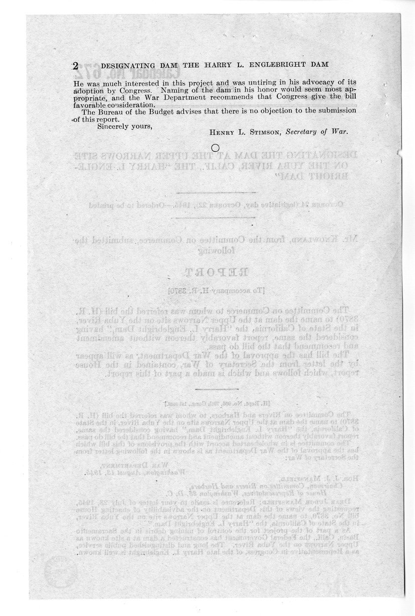Memorandum from Frederick J. Bailey to M. C. Latta, H.R. 3870, To Name the Dam at the Upper Narrows Site on the Yuba River, in the State of California, the "Harry L. Englebright Dam," with Attachments