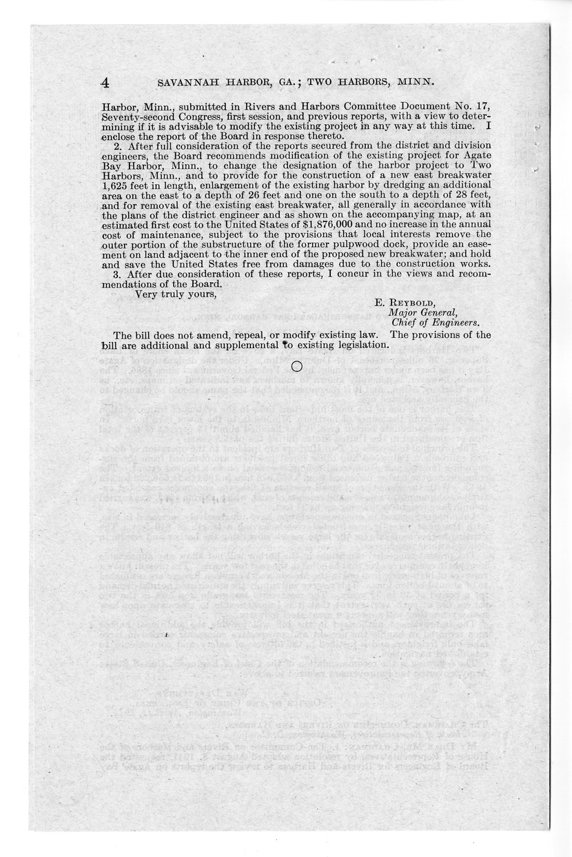 Memorandum from Harold D. Smith to M. C. Latta, H.R. 4083, Authorizing the Improvement of Certain Harbors in the Interest of Commerce and Navigation, with Attachments