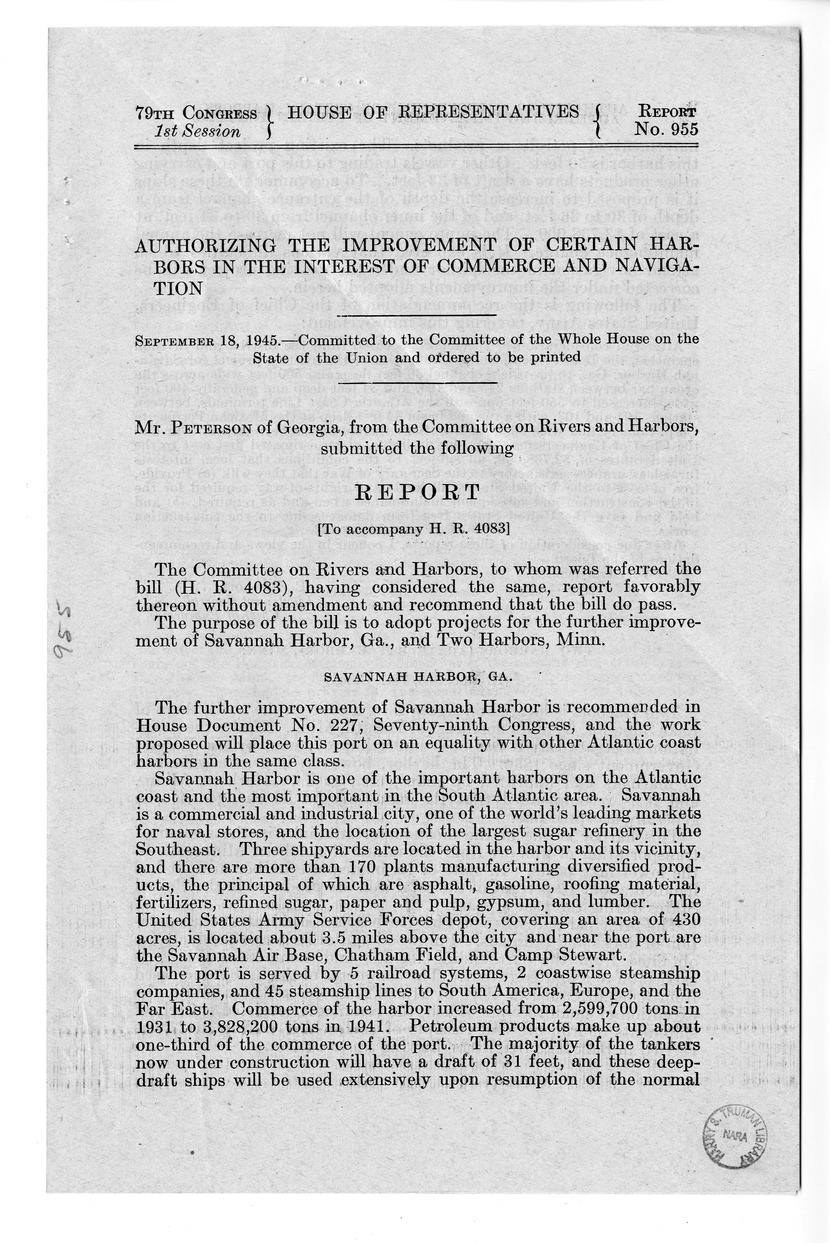 Memorandum from Harold D. Smith to M. C. Latta, H.R. 4083, Authorizing the Improvement of Certain Harbors in the Interest of Commerce and Navigation, with Attachments