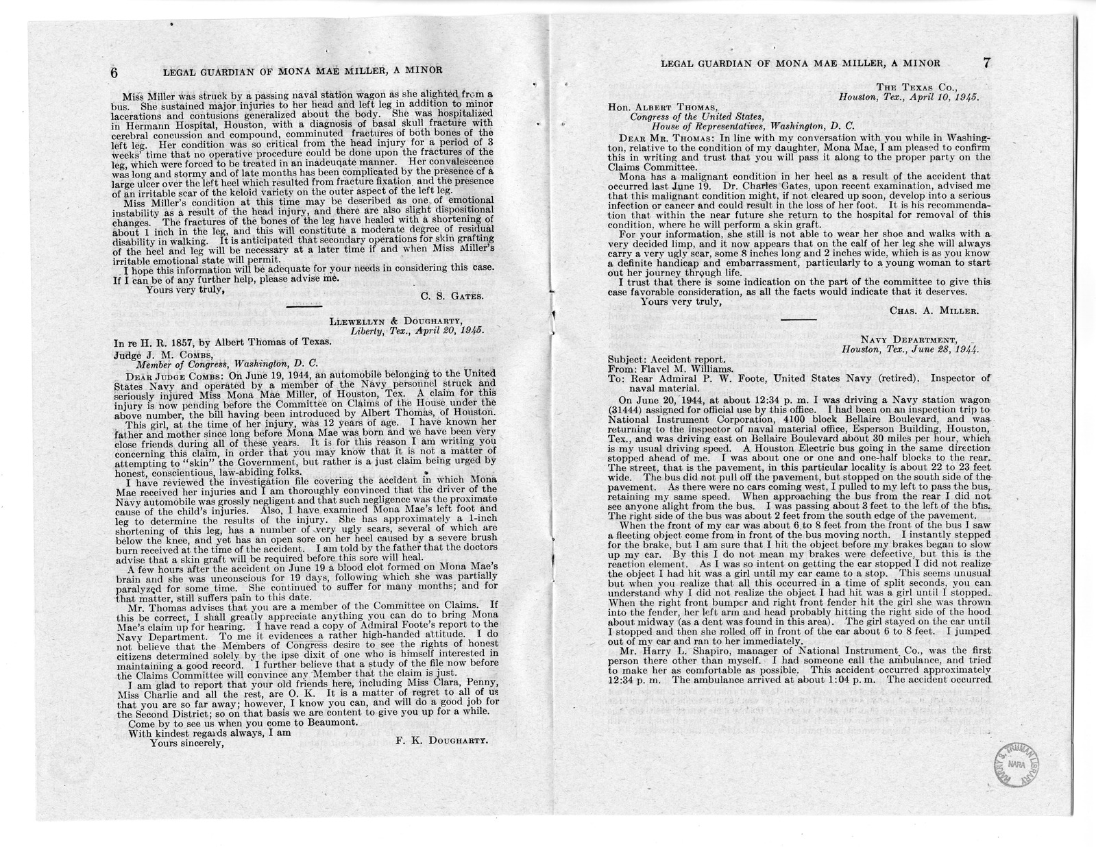 Memorandum from Harold D. Smith to M. C. Latta, H.R. 1857, For the Relief of the Legal Guardian of Mona Mae Miller, a Minor, with Attachments