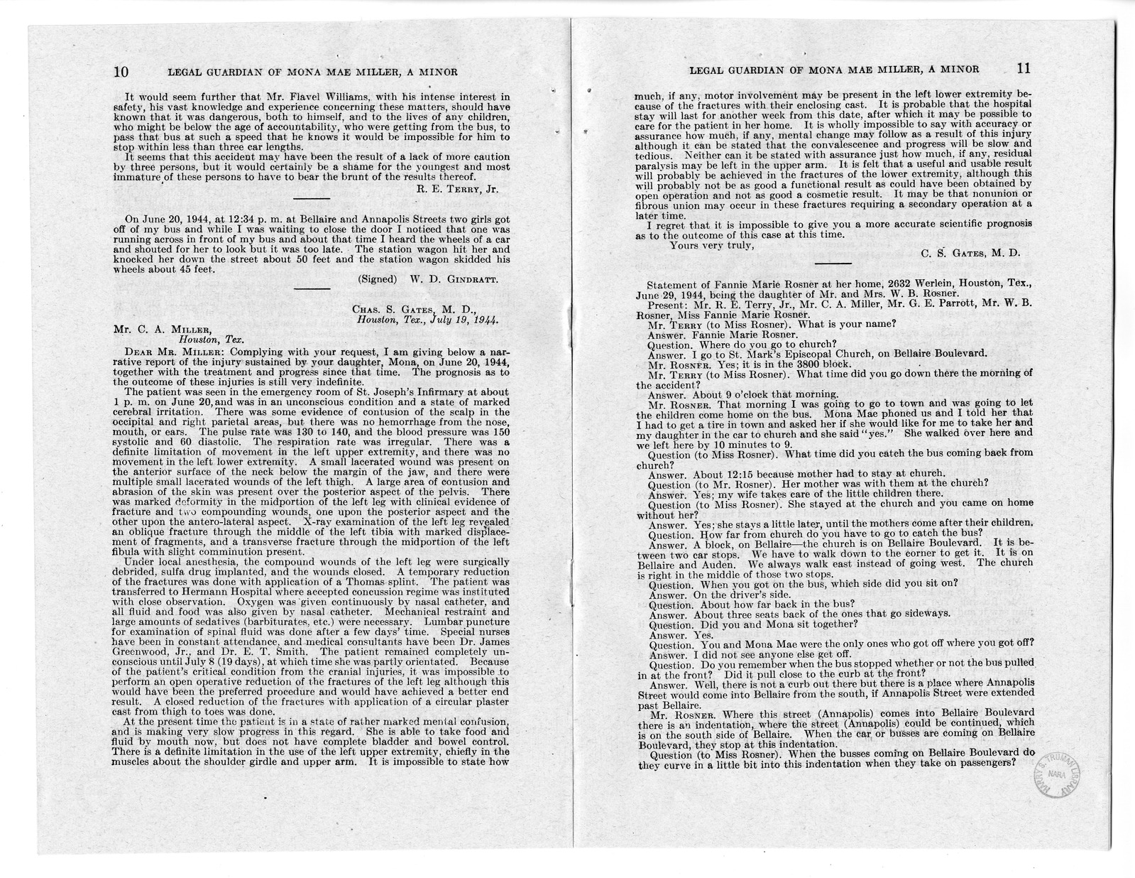 Memorandum from Harold D. Smith to M. C. Latta, H.R. 1857, For the Relief of the Legal Guardian of Mona Mae Miller, a Minor, with Attachments