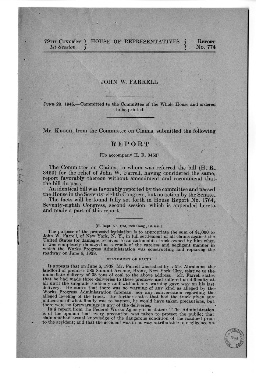 Memorandum from Harold D. Smith to M. C. Latta, H.R. 3453, For the Relief of John W. Farrell, with Attachments