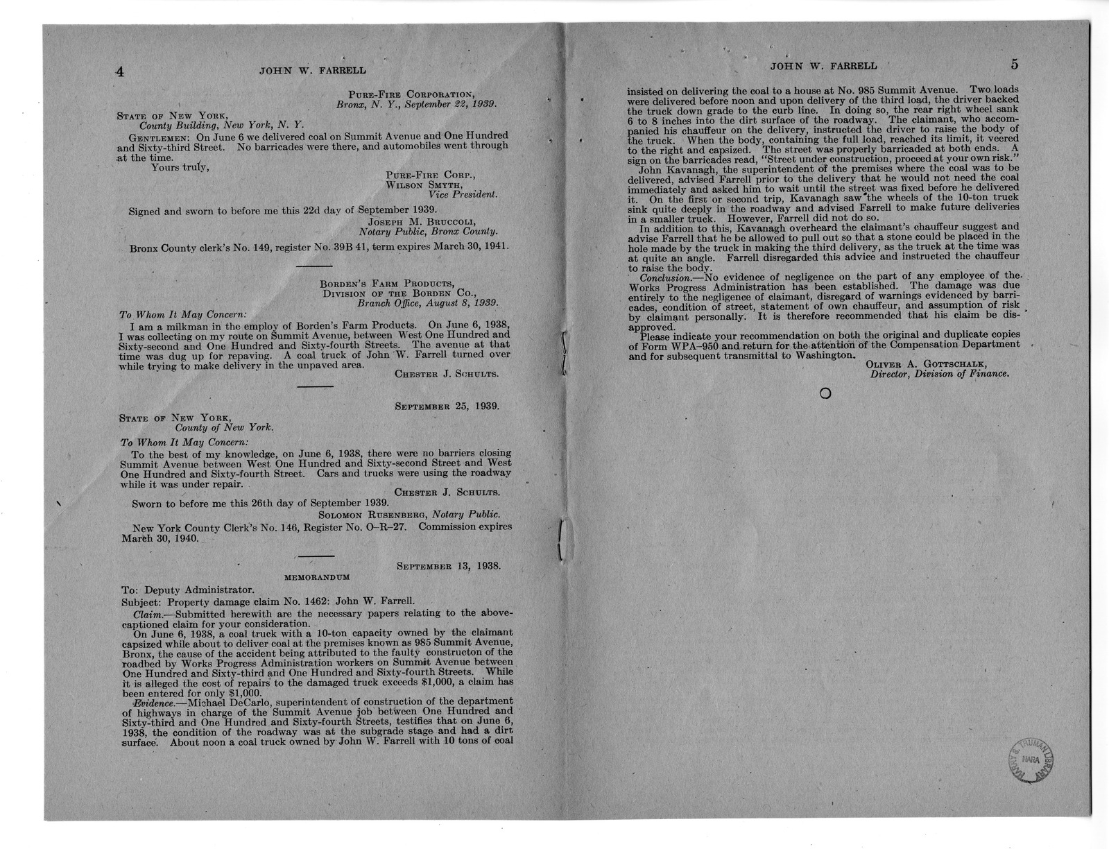 Memorandum from Harold D. Smith to M. C. Latta, H.R. 3453, For the Relief of John W. Farrell, with Attachments