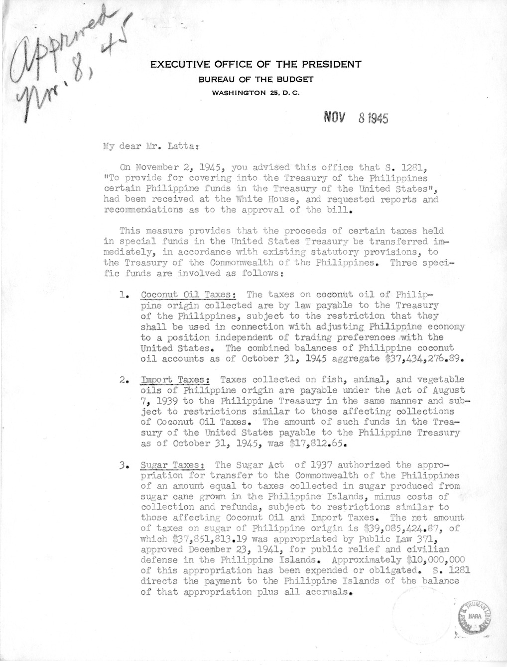 Memorandum from Harold D. Smith to M. C. Latta, S. 1281, To Provide for Covering into the Treasury of the Philippines Certain Philippine Funds in the Treasury of the United States, with Attachments