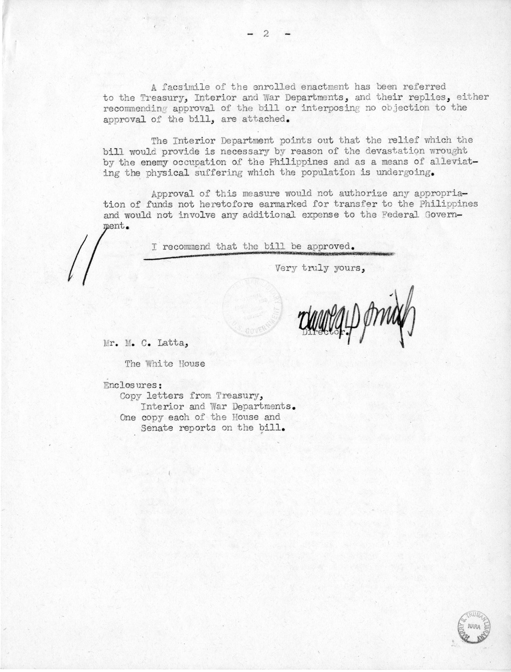 Memorandum from Harold D. Smith to M. C. Latta, S. 1281, To Provide for Covering into the Treasury of the Philippines Certain Philippine Funds in the Treasury of the United States, with Attachments