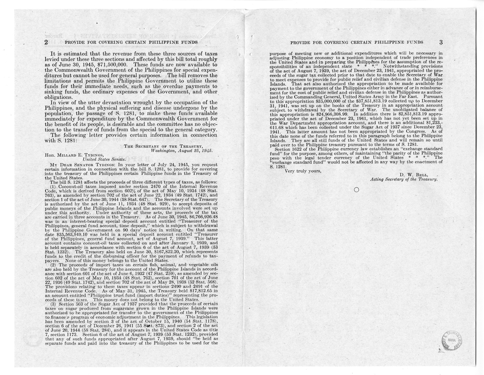 Memorandum from Harold D. Smith to M. C. Latta, S. 1281, To Provide for Covering into the Treasury of the Philippines Certain Philippine Funds in the Treasury of the United States, with Attachments