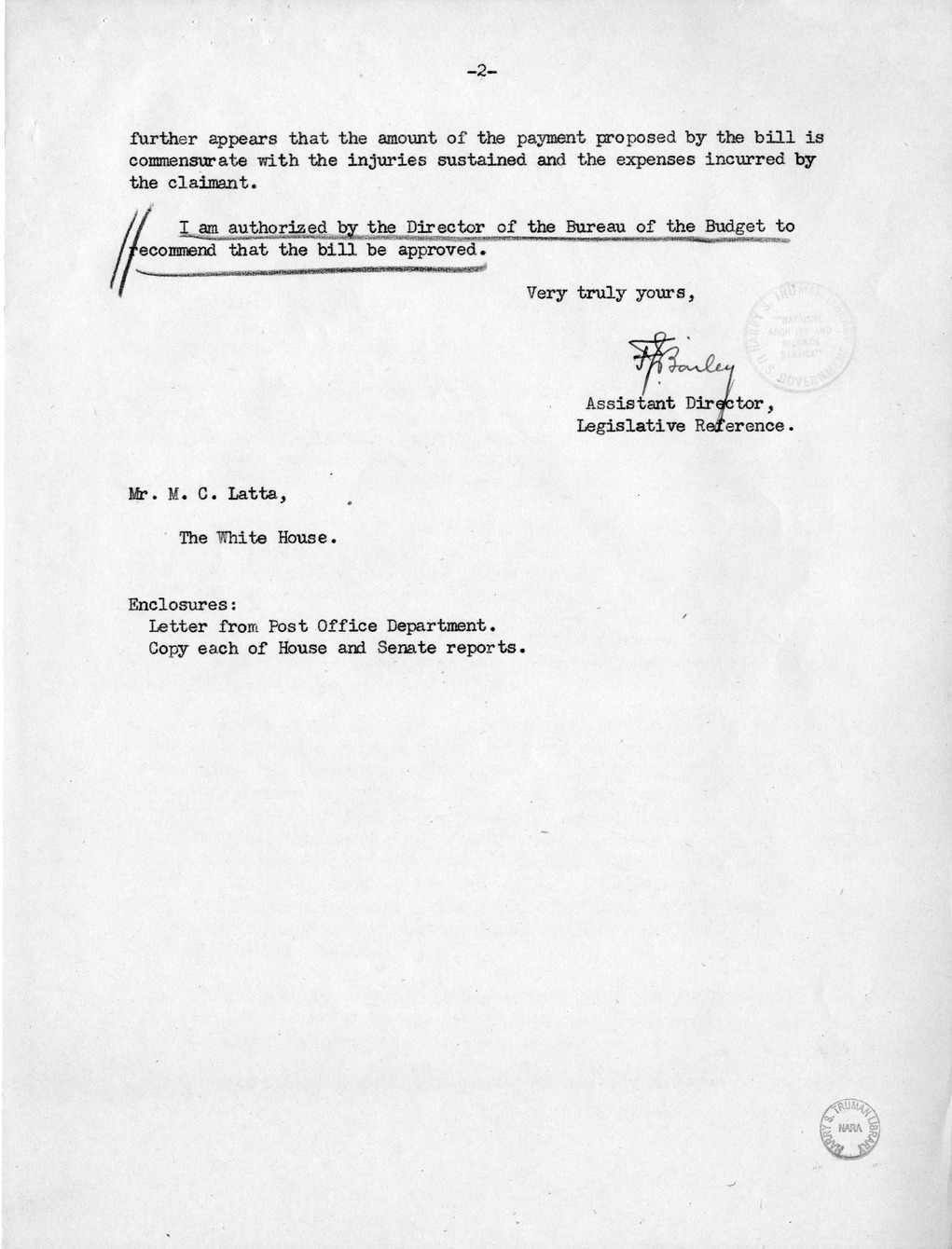 Memorandum from Frederick J. Bailey to M. C. Latta, H.R. 851, For the Relief of Oscar R. Steinert, with Attachments