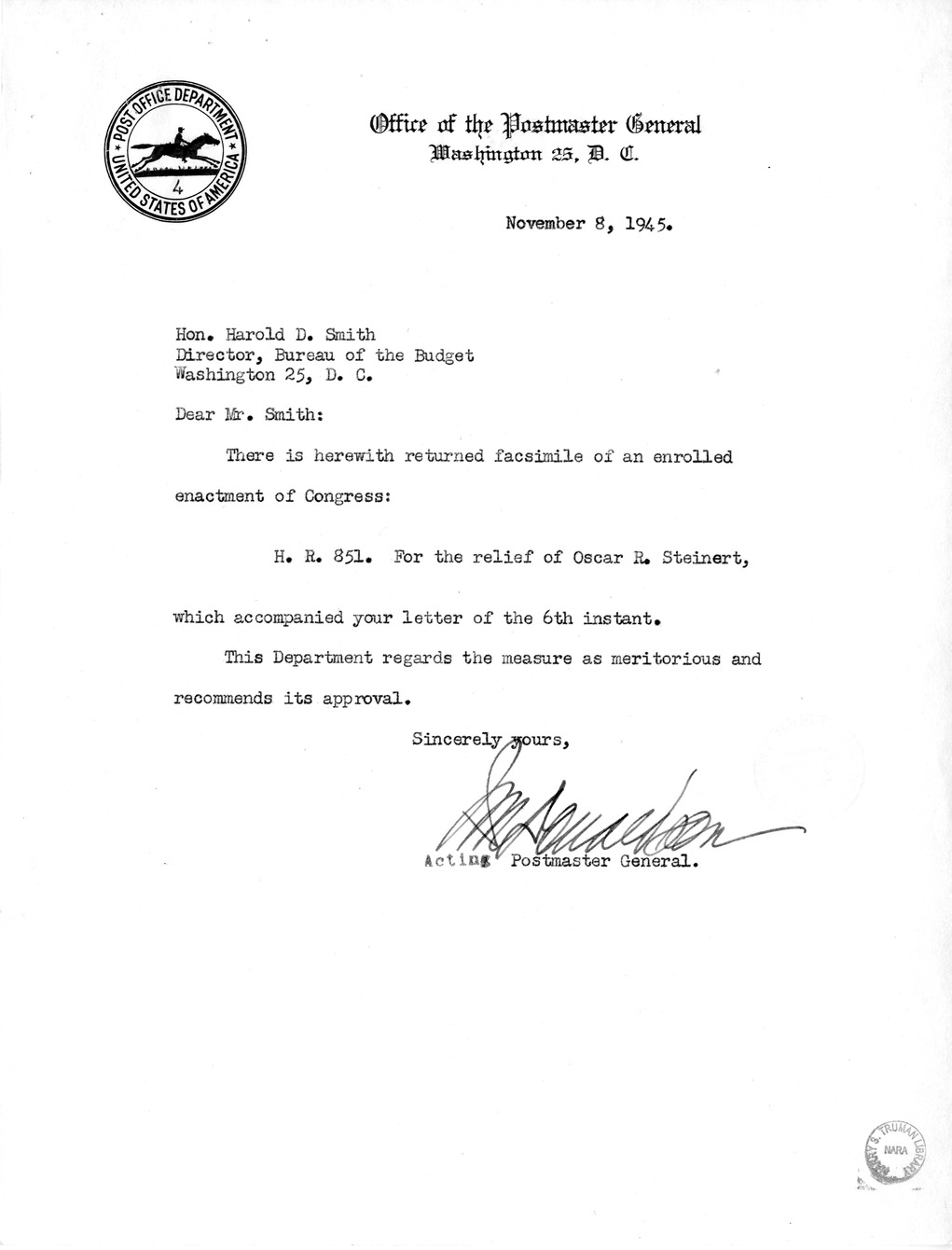 Memorandum from Frederick J. Bailey to M. C. Latta, H.R. 851, For the Relief of Oscar R. Steinert, with Attachments