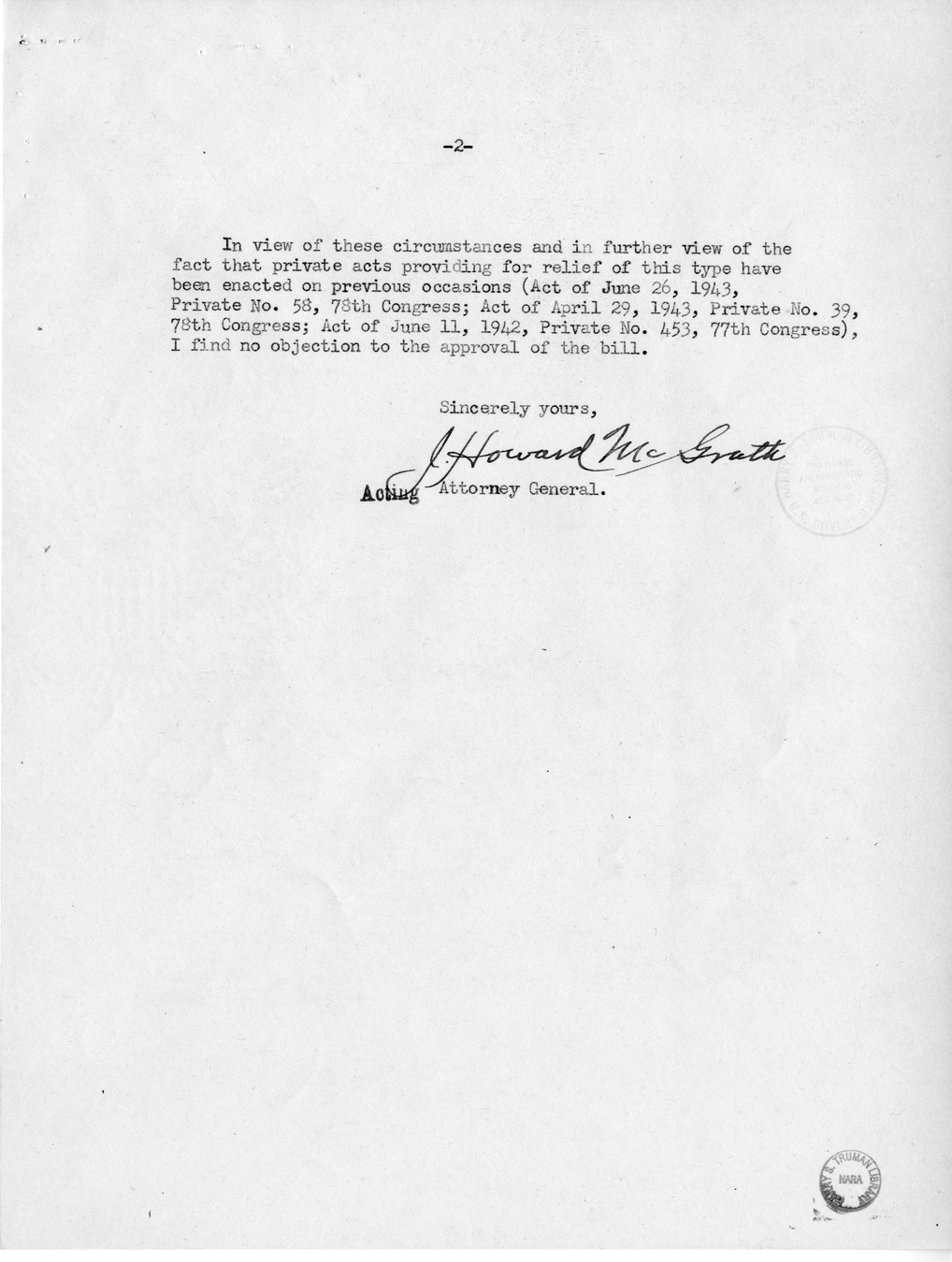 Memorandum from Harold D. Smith to M. C. Latta, H.R. 1630, For the Relief of Lubell Brothers, Incorporated, with Attachments